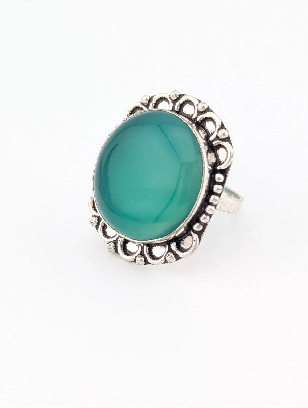 Teal Cabochon Silver Tone Statement Ring - 8 - N